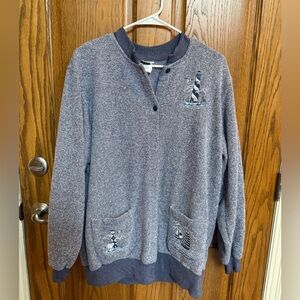 VTG Bon Worth Women’s Light Blue and White Knit Cardigan with Nautical Design